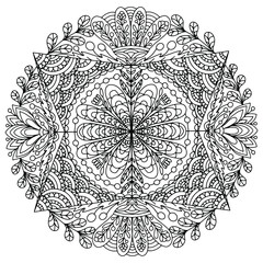 mandala with floral and linear folk style ornaments drawn on a white background for coloring book, vector