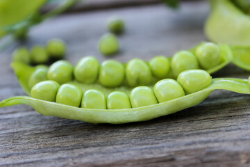 Young, green peas on a twig and on a Board close-up