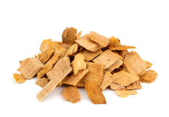 Alder Wood Chips. Commersial Product for Smoking Salmon, Pork and Poultry. Isolated on White Background.