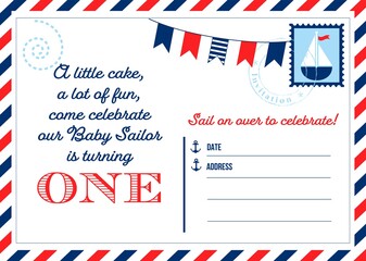 One Year Birthday Vector Invitation Card	Marine Design