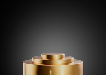 Golden or gold product display or showcase pedestal on simple background with cylinder stand concept. Golden studio podium or platform product template. 3D rendering

