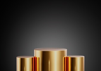 Golden or gold product display or showcase pedestal on simple background with cylinder stand concept. Golden studio podium or platform product template. 3D rendering

