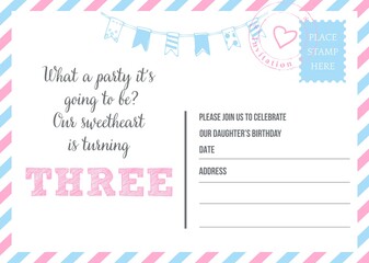 Three Years Birthday Vector Invitation Card	