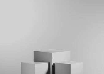 White or gold product display or showcase pedestal on simple background with three cubes stand concept. White studio podium or platform product template. 3D rendering
