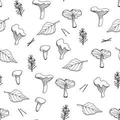 Mushrooms, leaves and spruce branches are seamless patterns, drawn by hand. For paper, cover, fabric, gift wrapping, wall art, interior decor.