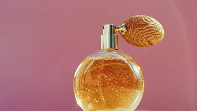 Luxury golden perfume bottle and shining light flares on pink background, glamorous fragrance scent as perfumery product for cosmetic and beauty brand, stock footage