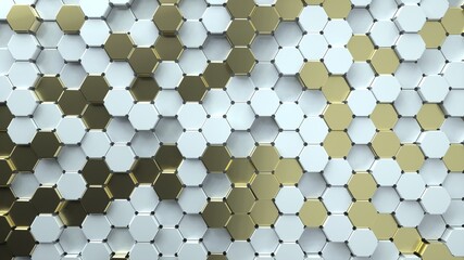 Abstract image of a chaotic pattern of gray and gold hexagons 3D image
