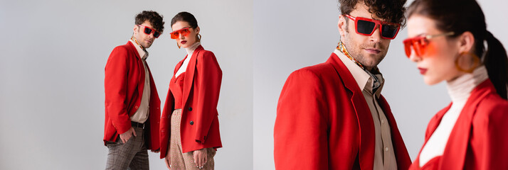 collage of fashionable couple in red blazers and sunglasses posing isolated on grey, horizontal...