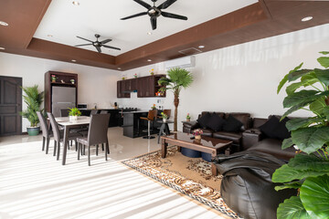 Interior and exterior design of open space living room and dining area feature wooden dining table