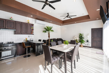 Interior and exterior design of open space living room and dining area feature wooden dining table