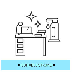 Safe workplace icon. Clean, tidy and shiny office desk with sanitizer bottle line pictogram. Concept of personal hygiene and health safety recommendations at work. Editable stroke vector illustration