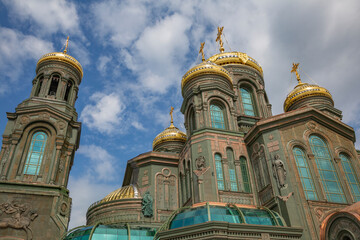 Exterior of the Main Temple of the Armed Forces of the Russian Federation. Opened in 2020. Constructed from glass and melted armor of fascist tanks and equipment of 1945. Kubinka, Russia