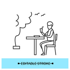 Lunch break icon. Office man dinning at summer terrace linear pictogram. Concept of workplace social distancing and employee health safety after covid quarantine. Editable stroke vector illustration