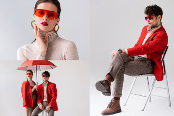 collage of stylish woman touching face, trendy man sitting on chair, and fashionable couple under red umbrella on grey