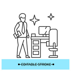 Naklejka premium Workplace disinfection icon. Man beside clean office desk line pictogram. Concept of corona virus employee health safety recommendations and hygiene at work. Editable stroke vector illustration