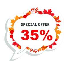 Autumn sale background with 35% discount.   Discount offer price tag. Special autumn sale with autumn leaves. Set of sale banners. Isolated Background. Banner, flyer, invitation, poster, brochure
