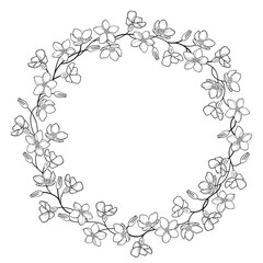 Round wreath with outline Forget me not or Myosotis flower bunch, stem and bud in black isolated on white background.