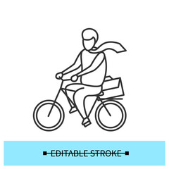 Fototapeta na wymiar Bike to work icon. Man riding bicycle, commuting to office linear pictogram. Return to the office and avoiding crowds in public transport after covid quarantine illustration. Editable stroke vector