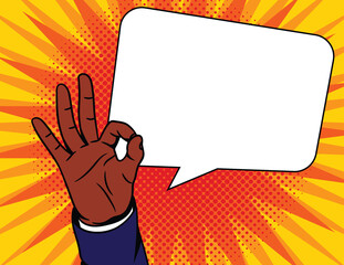 Colored vector illustration in pop art comic style.  Male hand with an approved sign. African American man shows his agreement with a gesture. "Ok" sign over dot halftone background