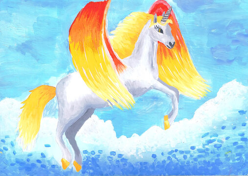 Fabulous unicorn - fire-breathing pegasus. Children's drawing