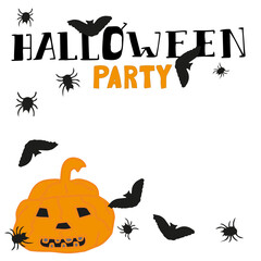 Hand written and drawn Lettering Halloween Party with pumpkin, bats and spiders. White background