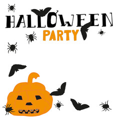 Obraz premium Hand written and drawn Lettering Halloween Party with pumpkin, bats and spiders. White background