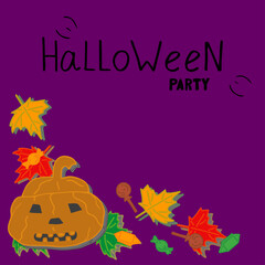 Hand written Lettering Halloween Party with Pumpkin, leaves and sweets, background purple