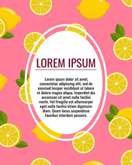 Bright background with lemons and place for text. Decorative frame for your text. Lemon pattern. Banner, poster, flyer