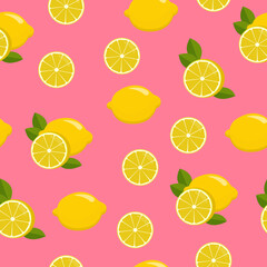 Seamless pattern with lemons on a pink background. Fruits. Healthly food. For the design of textiles, printing products, wallpaper, clothing, wrapping paper and more