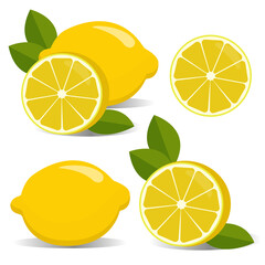 Set of lemons isolated on a white background. Lemon with green leaves, lemon wedge, whole lemon. Healthly food. Elements for your design