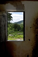 Vertical shot of a view from a window of an old abandoned house