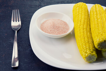 Organic cooked corn with pink himalayan salt on a white plate and fork. Dark blue background. Close-up