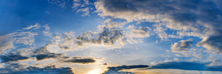 Dramatic panorama sky with storm cloud on a cloudy day. Panoramic image.