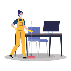 woman worker of cleaning service wearing medical mask, with broom in the office vector illustration design