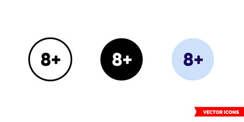 Eight plus icon of 3 types. Isolated vector sign symbol.