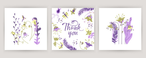 New post stories, vector set cards of lettering with flowers, bird and butterfly in Scandinavian style.
