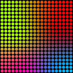 Neon colored circles on the black, large size square background texture. Abstract art wallpaper. Contemporary art retro poster.