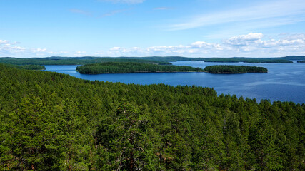 View to Lake Päijänne over forest in Padasjoki, Finland.