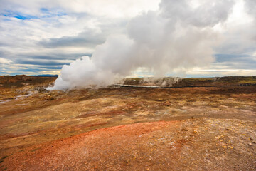Gunnuhver Hot Springs spectacular landscape with steam from geothermal hot springs in Iceland, Reykjanes