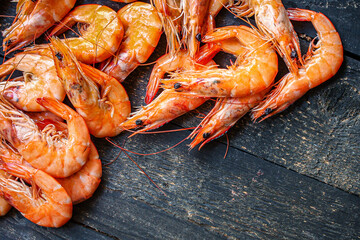 shrimp cooked seafood ready to eat prawn serving size. food background top view copy space healthy eating raw pescetarian 