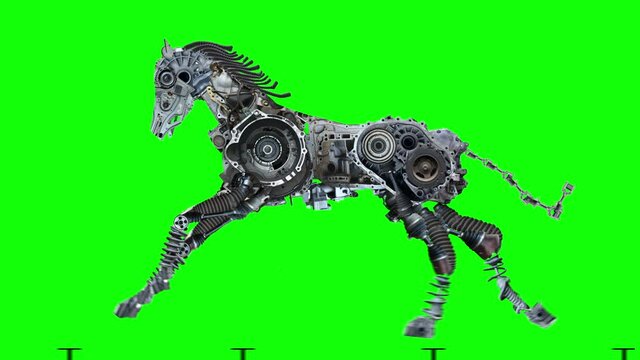 Metal horse is running. The robot is made of auto parts and represents the horsepower of the car. Character in the style of steampunk post-apocalypse. Green Screen