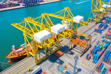 Container , container ship in export and import business and logistics. Shipping cargo to harbor by crane. Water transport International. Aerial view and top view.