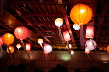 Low angle shot of hanging paper lanterns in Seoul's Lantern Festival