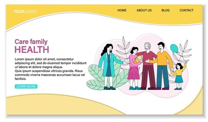 Family Health Care concept with doctor and three generations of a young family with grandfather, parents and grandkids, colored vector illustration with copy space