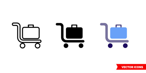 Luggage trolley icon of 3 types. Isolated vector sign symbol.