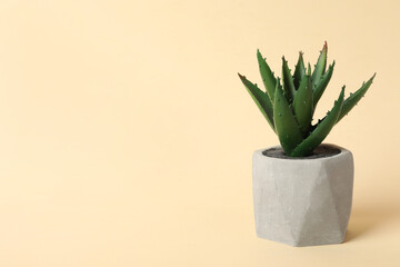 Beautiful artificial plant in flower pot on beige background, space for text