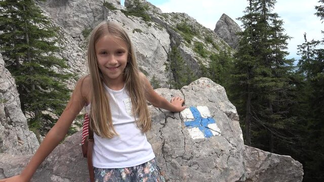Kid in Camping, Trail Signs in Mountains Adventure, Tourist Girl Hiking in Forest Trip Excursion