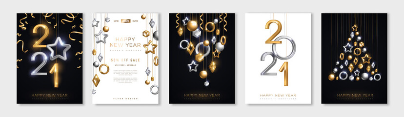 Christmas and New Year posters set with hanging gold and silver 3d baubles and 2021 numbers. Vector illustration. Winter holiday invitations with geometric decorations