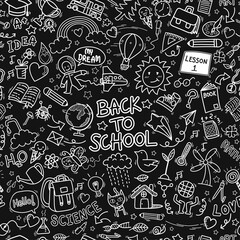 back to school doodle icons seamless pattern background. hand drawn education sign and stationery supply item and equipment symbols isolated on black background