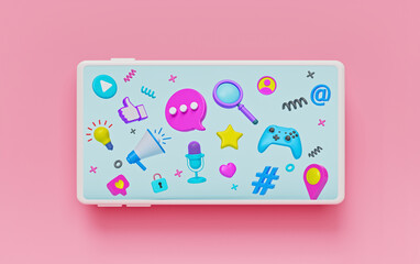 abstract modern trendy colorful social media and technology icons on a smartphone. 3d rendering